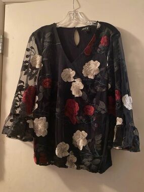 ECI Black Sheer Blouse with Red & Cream Floral Embroidery